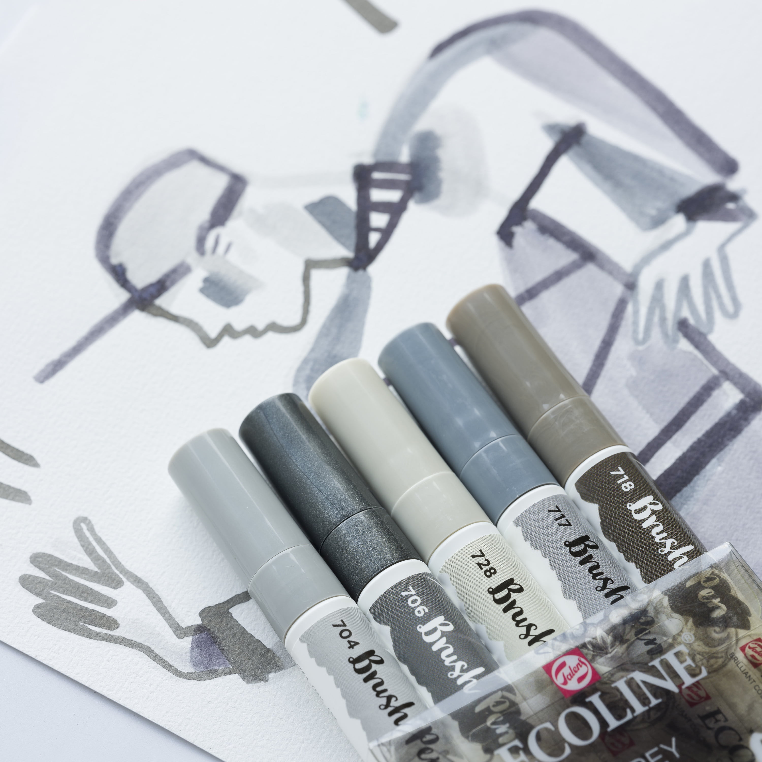 Ecoline Liquid Watercolour Brush Pen Set, 5-Colors, Grey