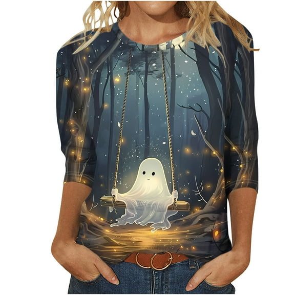 Tbopshirt Halloween 3/4 Tshirts Women Graphic,Halloween Shirts for Women Fashion Tees Casual Round Neck Loose Blouses Shirts,Halloween Tops Plus Size,Halloween Gifts