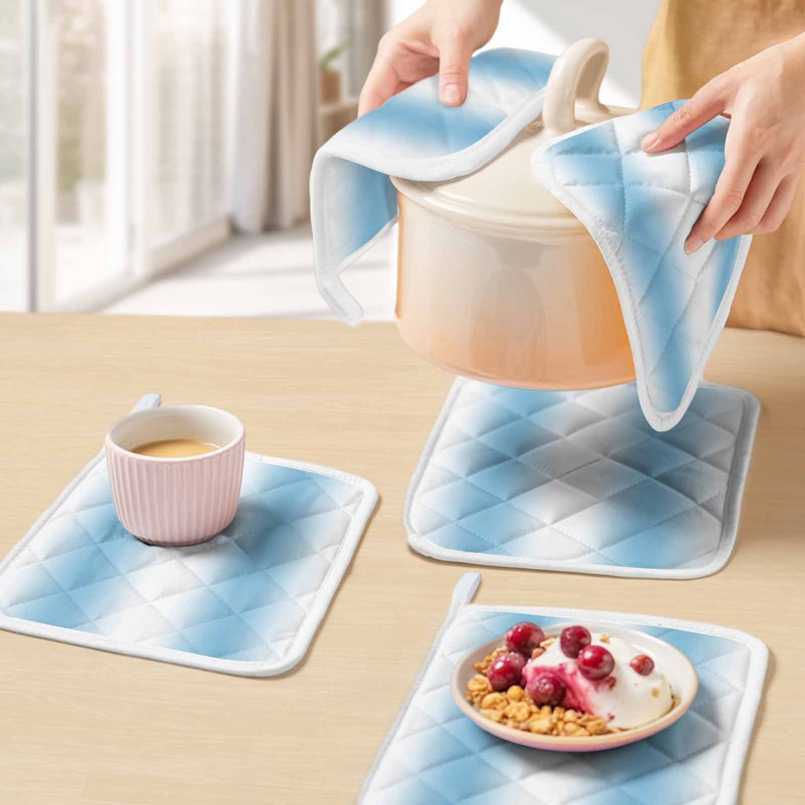 Sky Blue White Pot Holders for Kitchen Heatproof Potholder, 4 Pack Gradient Vertical Stripes Minimalist Hot Pads Multipurpose Oven Pads Cloth Potholders Trivet for Cooking and Baking