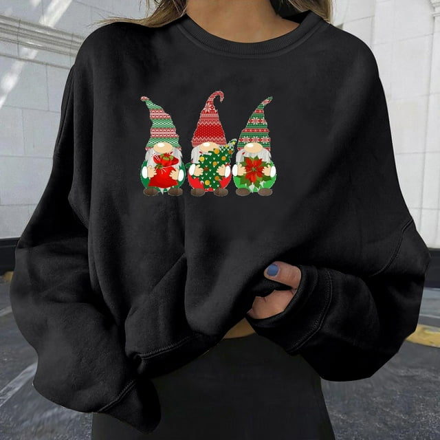 EGNMCR Chandail de Noël Mode Femme Ample Imprimé de Noël Manches Col Rond
