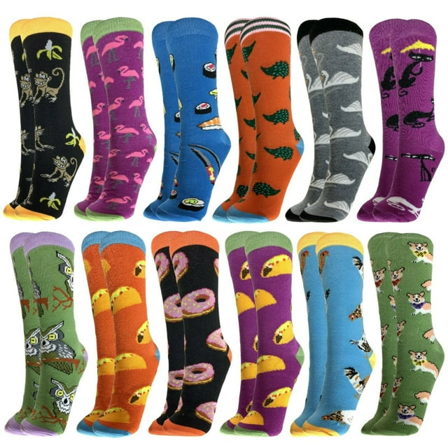Lena Kaye Femmes Filles Lot de 12 Chaussettes Montantes, Monkey Nouveauté Nourriture Amusante Animaux Mignons