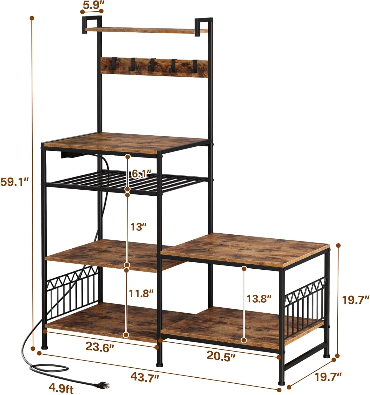Kitchen Shelf Bakers Rack with Power Outlet, Mini Fridge and Microwave Stand Coffee Bar Table with S-Hooks, Storage Shelf Rack for Spices, Pots and Pans - Rustic Brown
