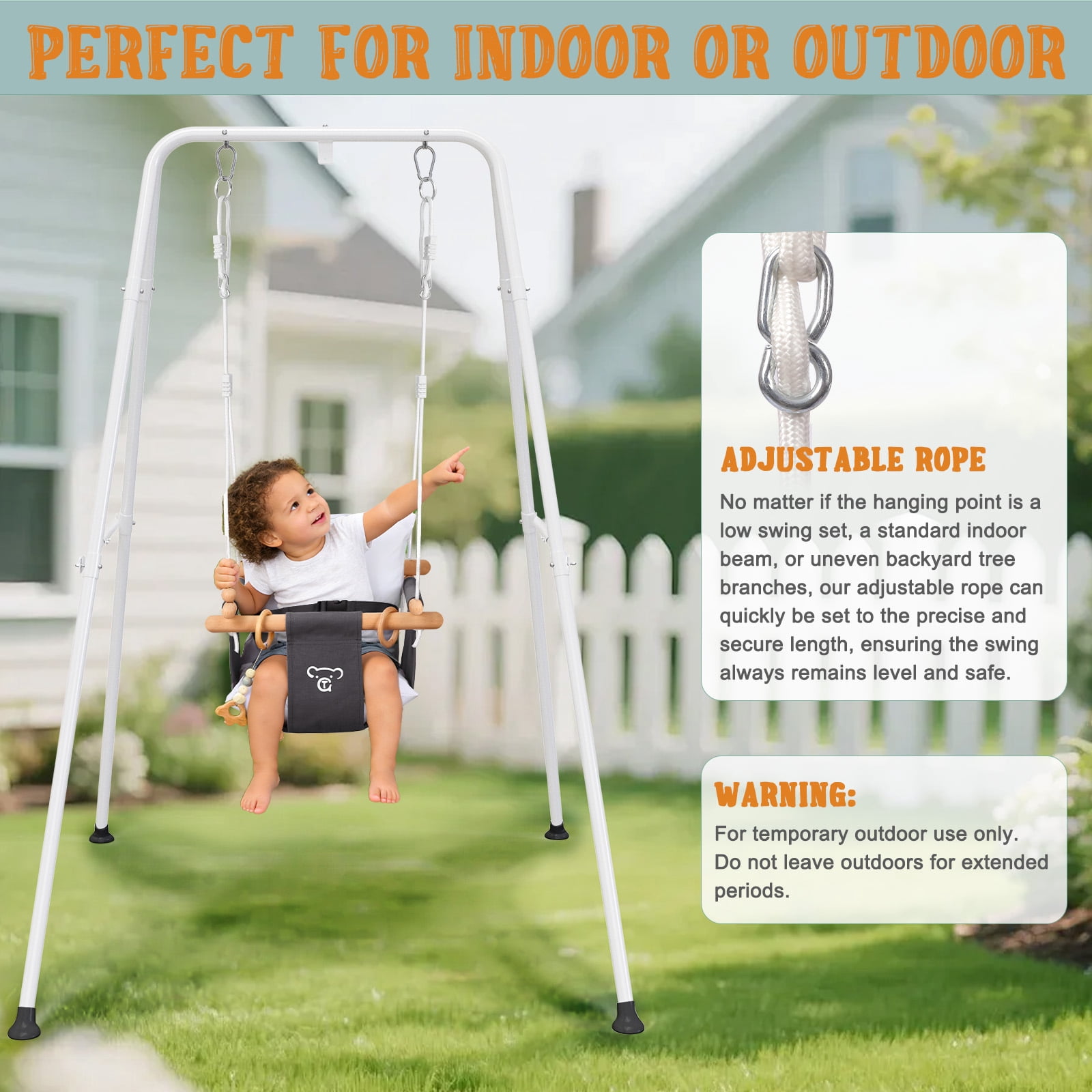 G TALECO GEAR Canvas Toddler Swing, Wooden Baby Swing Seat Chair with Safety Belt, Durable Hanging Swing Chair, Outdoor and Indoor Swing for Kids, Mounting Hardware Included, Gray