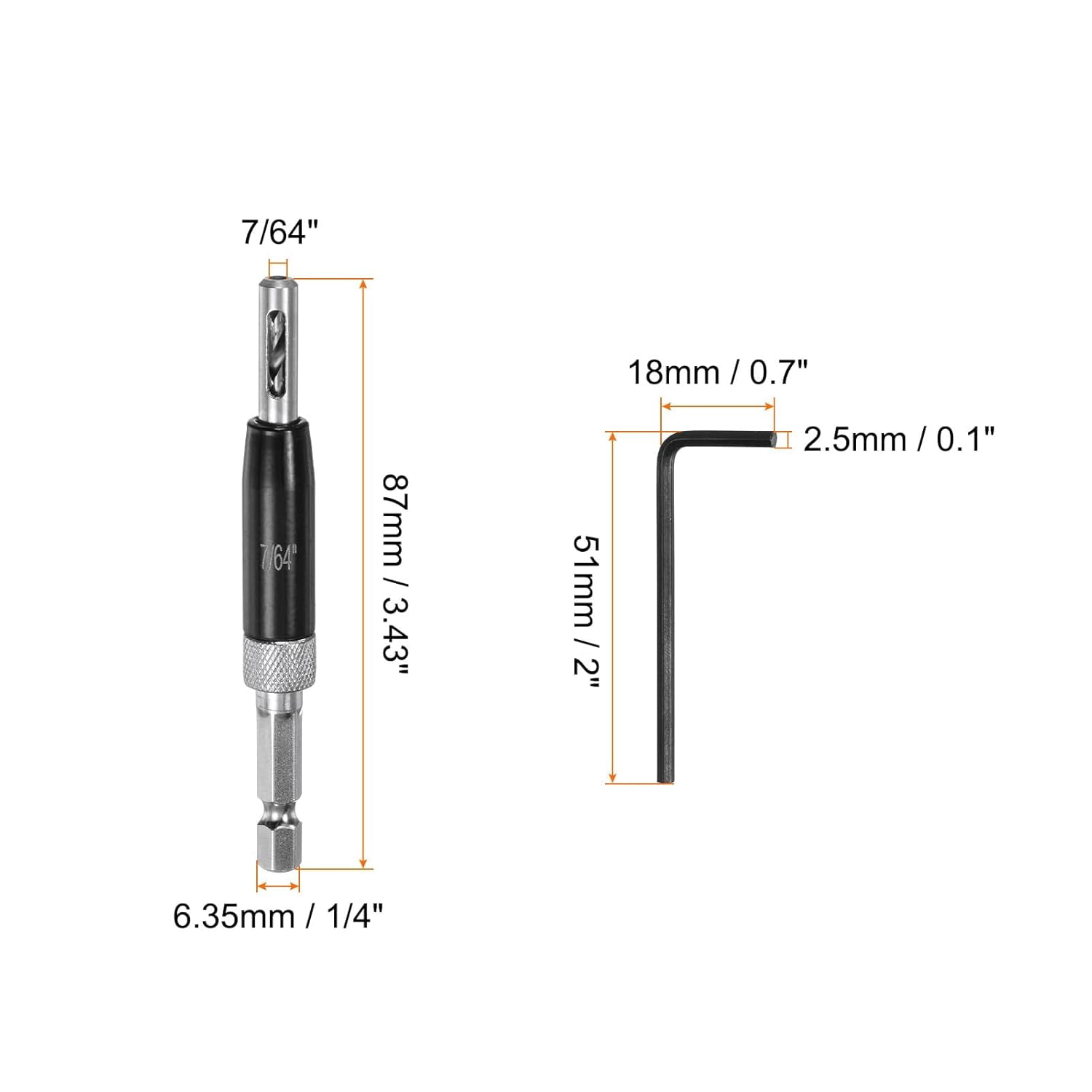 FRKSMD-2pcs Self Centering Drill Bit Set 7/64", 1/4" Hex Shank Drilling Bits for Wood Working, Cabinet Door Hinge Hole Punch Tool Self Center with Hex Keys L-Shaped, Black