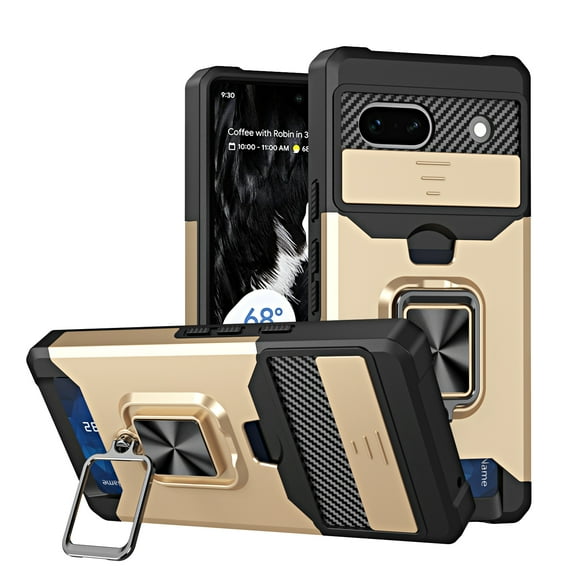 Allytechgroup Rugged Case for Google Pixle 8a, Sliding Camera Lens Protector [Cards Slot] Kickstand Shockproof BumperCompatible with Car Mount Magnetic Back Cover for Google Pixle 8a, Gold