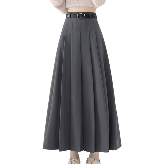 Women's High Waist Long Skirt with Pleats and Adjustable Belt Solid Color A Line Dress for a Sophisticated Look