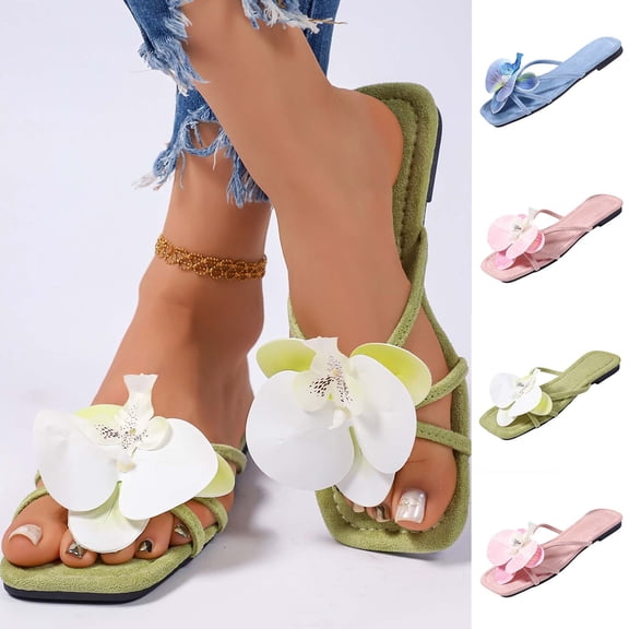 Miluxas Women’s 3D Flower Slide Sandals, Square Open Toe Strappy Flat Flip Flops, Soft Casual Summer Beach Slippers Pink 9.5(43)