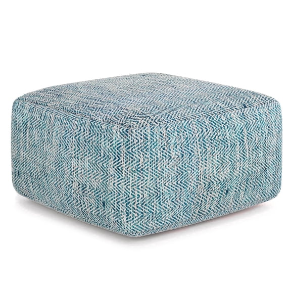 Simpli Home Nate 20 inch Wide Boho Square Pouf in Patterned Teal Mélange Cotton