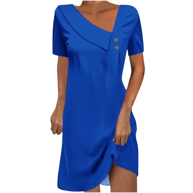 Robe Mi-Mollet à Manches Courtes et Col Rond, Mode Féminine Robe Mi-Mollet à Manches Courtes et Col Rond Couleur Unie