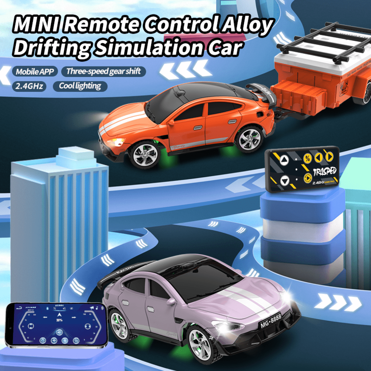 Mini RC Cars with Trailer 1/64 APP Remote Control Car with Lights Rechargeable Race Vehicle for Boys Girls Christmas Birthday Gifts(Green)