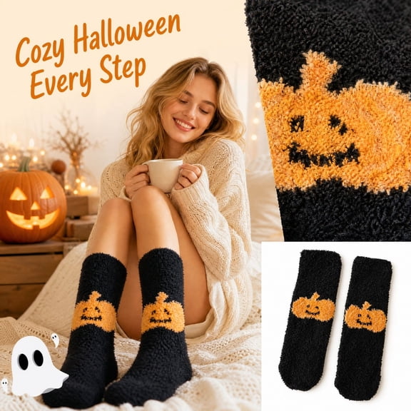 Halloween Socks for Women, Fuzzy Warm Mid Calf Slipper Socks with Cute Halloween Designs, Soft Cozy Fall Winter House Sock