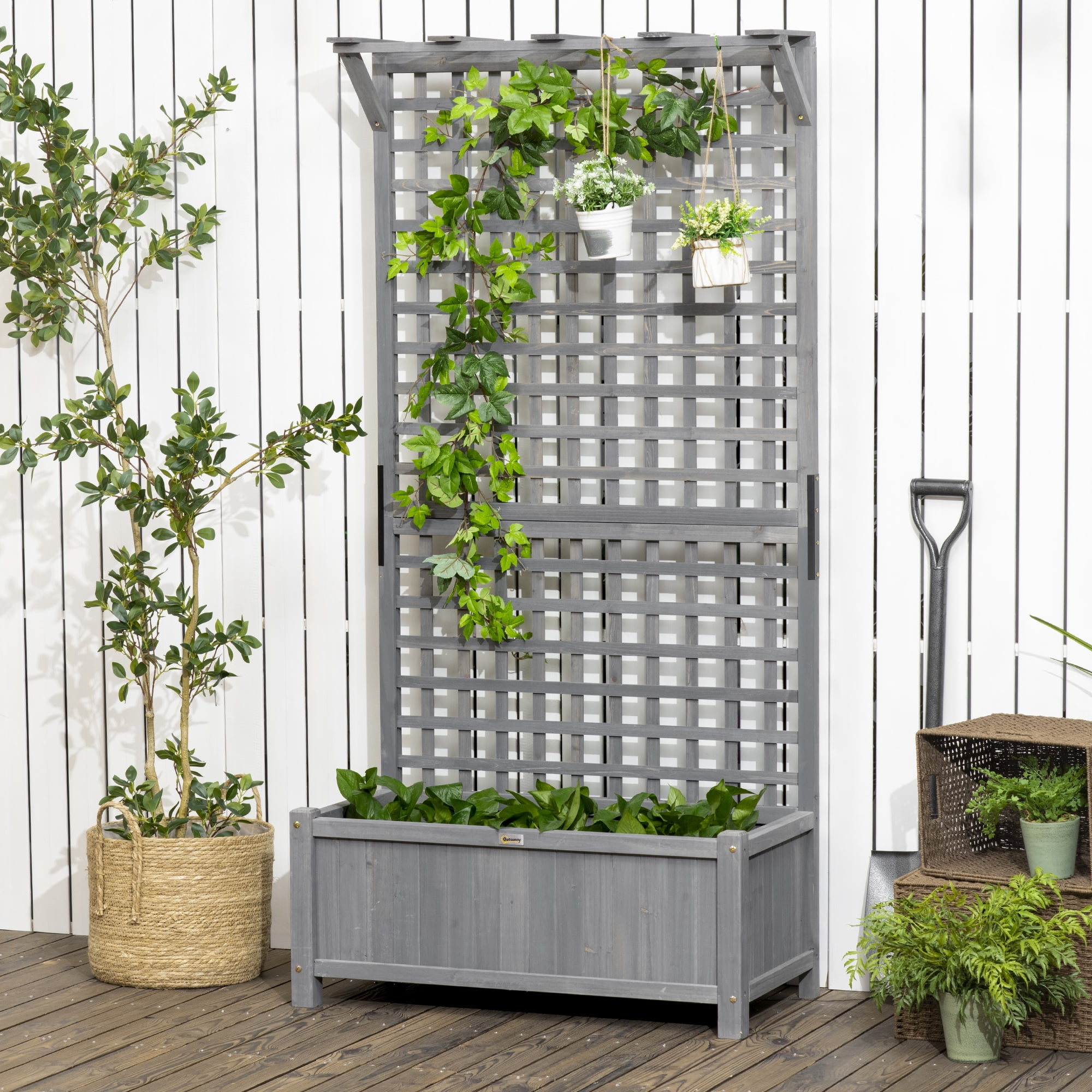 Outsunny Wood Planter with Trellis, Raised Garden Bed for Climbing Plants with Drainage Holes and Roof, 35.5" x 17.75" x 72", Gray