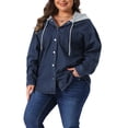 thumbnail image 4 of Agnes Orinda Women's Plus Size Denim Shacket Jacket Color Block Hooded Button Down Long Sleeve Jeans Shirt Jackets with Pockets 1X Dark Blue, 4 of 6