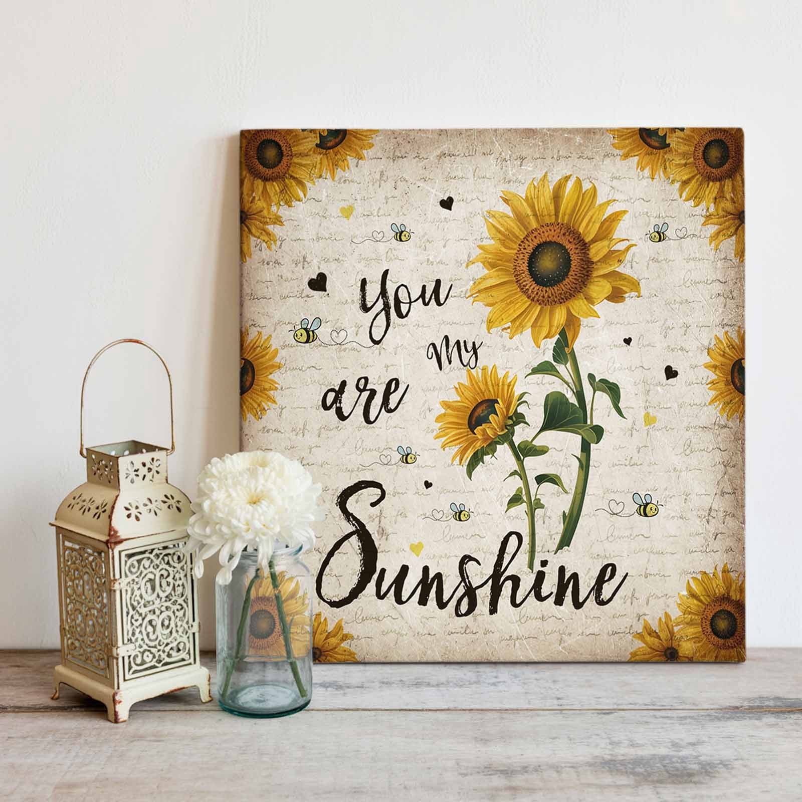 Vintage Sunflower Framed Canvas Wall Art, You Are My Sunshine Floral Bee Beige Letter Wall Art Painting for Living Room Bedroom Home Decor, 16”x16”, Office Artwork Print