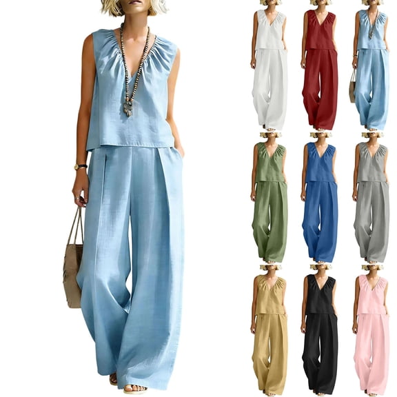 VBVC Women's V-Neck 2 Piece Pleated Set,Sleeveless Top and Wide Leg Pants For Women, Ladies' Breathable Summer Loungewear With Pockets,Blue,S-3XL