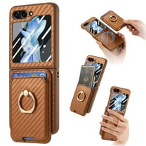 Dteck Built-in Screen Protector Case with Detachable Card Wallet for Samsung Galaxy Z Flip 6,Magnetic Leather PC 2 in 1 Removable Card Slot Wallet Case Shockproof Mag Safe Ring Stand Cover,Brown