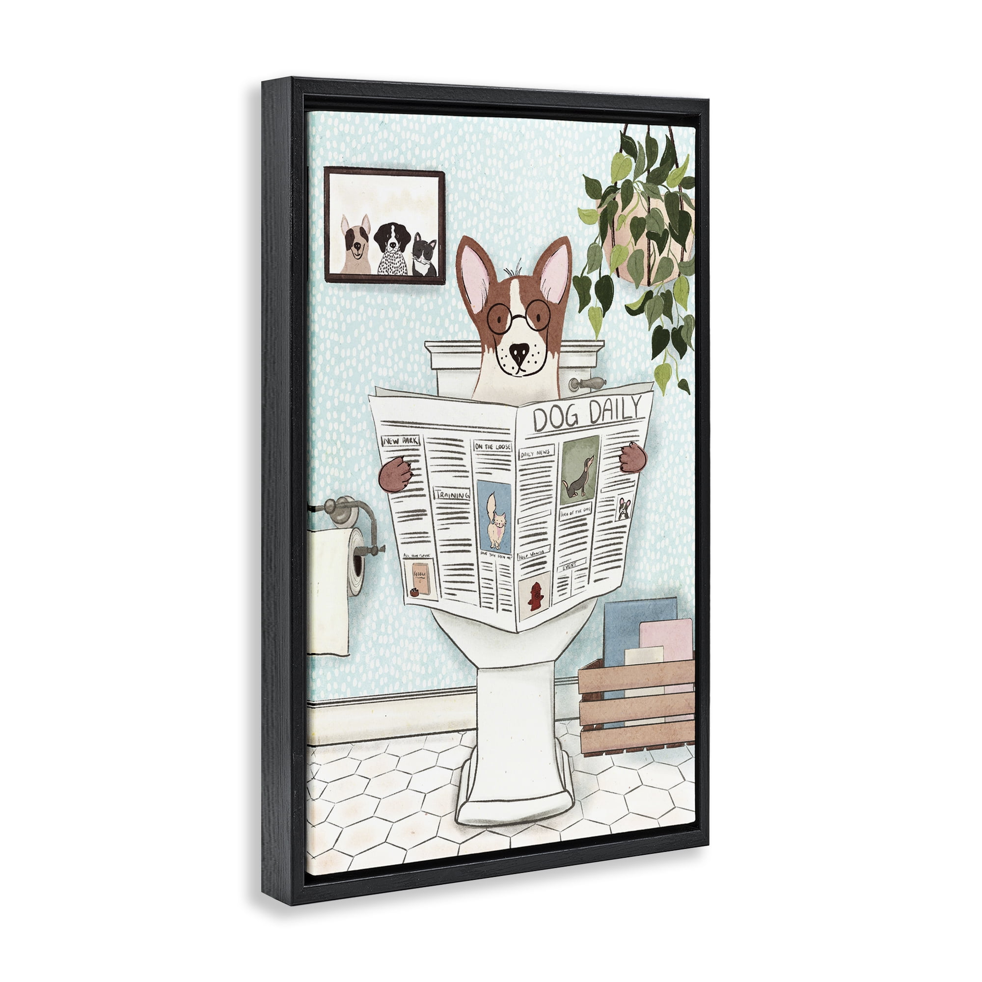 Stupell Industries Pup with Newspaper Typography Painting Black Floater Framed Canvas Art Print Wall Art, 21 x 31