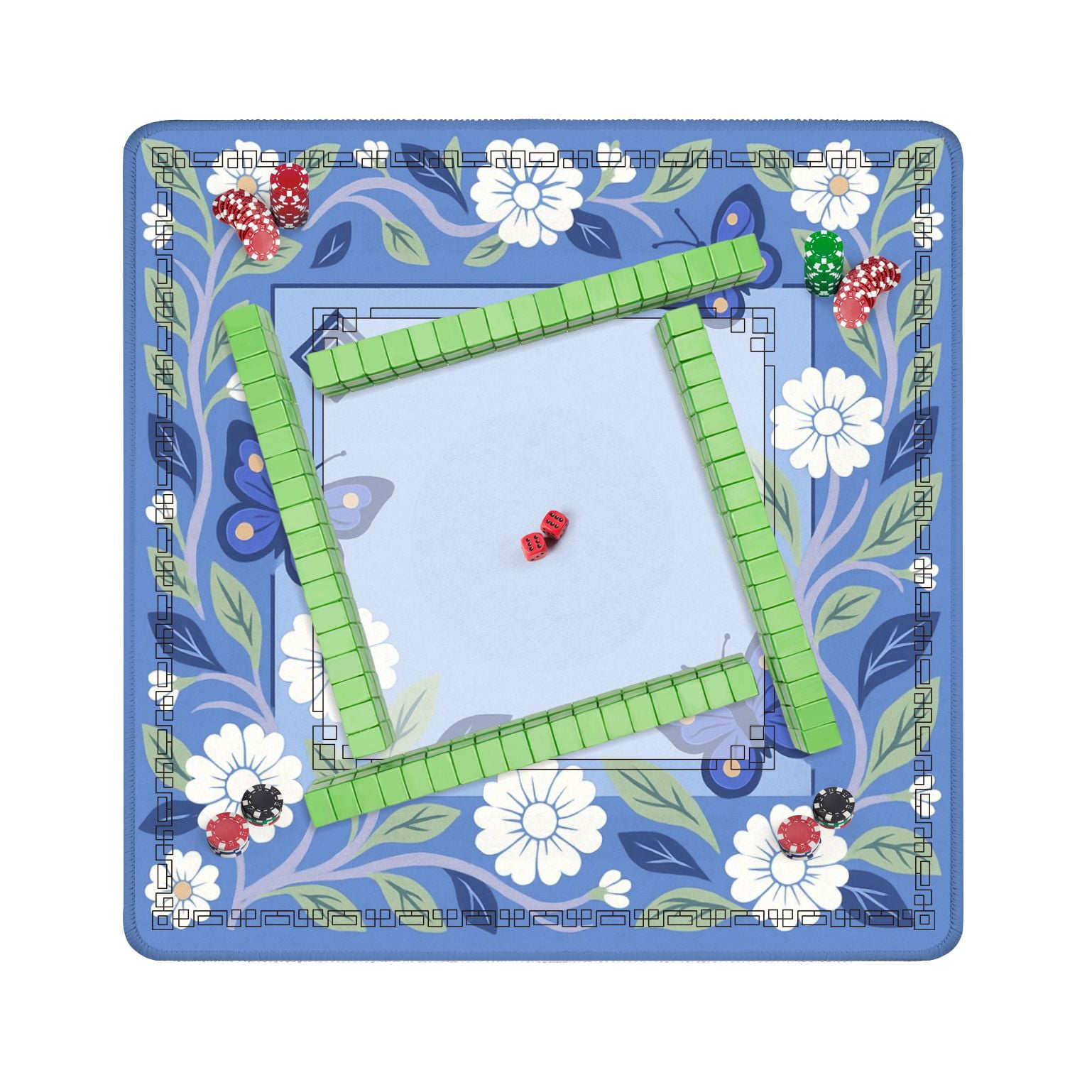 Mahjong Mat 31.5" x 31.5" Blue Floral Butterflies Green Leaves Anti-Slip and Noise Reduction Symmetry Design Mahjong Tiles Table Cover for Dominoes Poker Card Board and Tile Games
