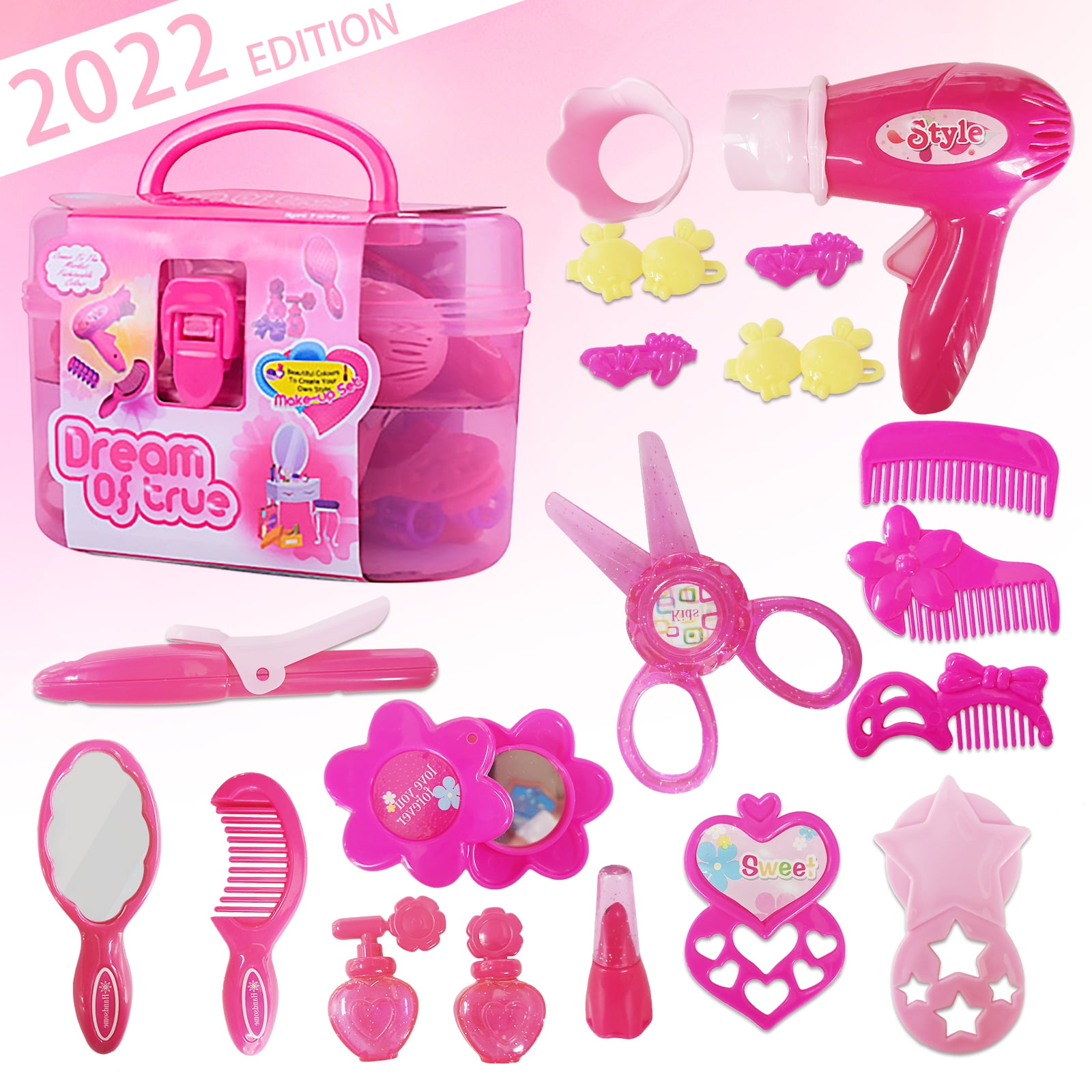 Toddler Girls Beauty Hair Salon Toy Kit, Pretend Makeup Toy Kit with