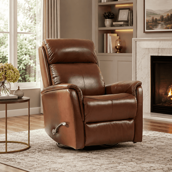 33" Genuine Leather Manual Recliner Chair, 360° Swivel Rocker Recliner with Wingback and Flared Arms for Living Room