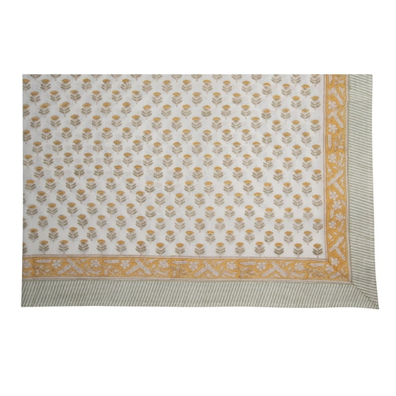 Kouboo Hand Block Printed Boho-Inspired Tablecloth, Yellow Floral, 100% Cotton