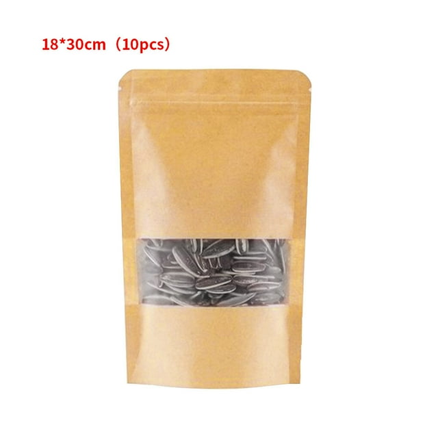 10pcs Snack Bags Kraft Paper Window Candy Bags Sealing Snack Bag Bread Portable Cookie Bread Pouches, 18x30cm
