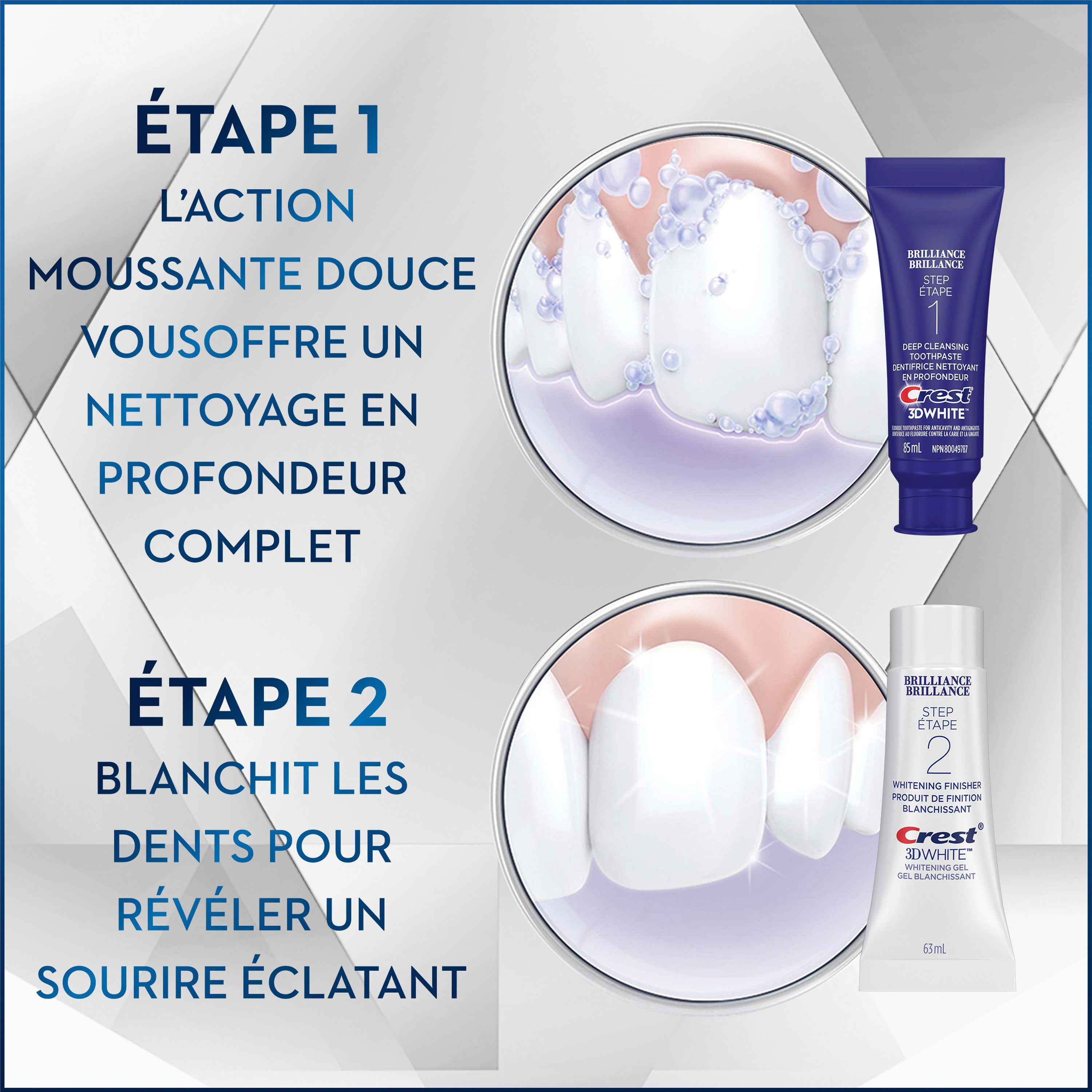 Dentifrice en deux étapes Crest 3D White Brillance + gel blanchissant 1 tube de 85 m (Dentifrice) et 1 tube de 63 ml (Gel)
