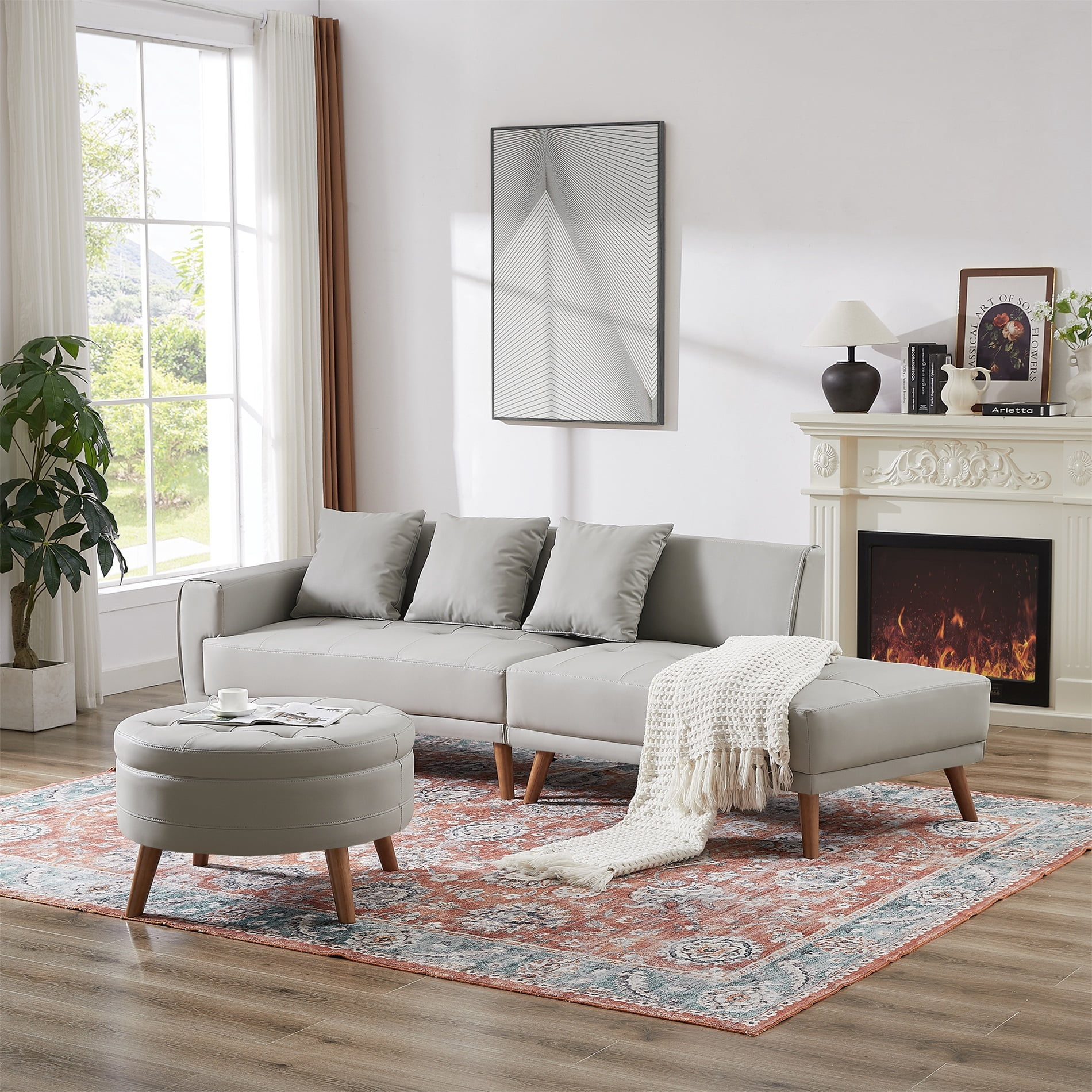 EUROCO 107" Contemporary Sofa Couch, Stylish PU Sofa with a Round Storage Ottoman and 3 Removable Pillows for Living Room, Grey