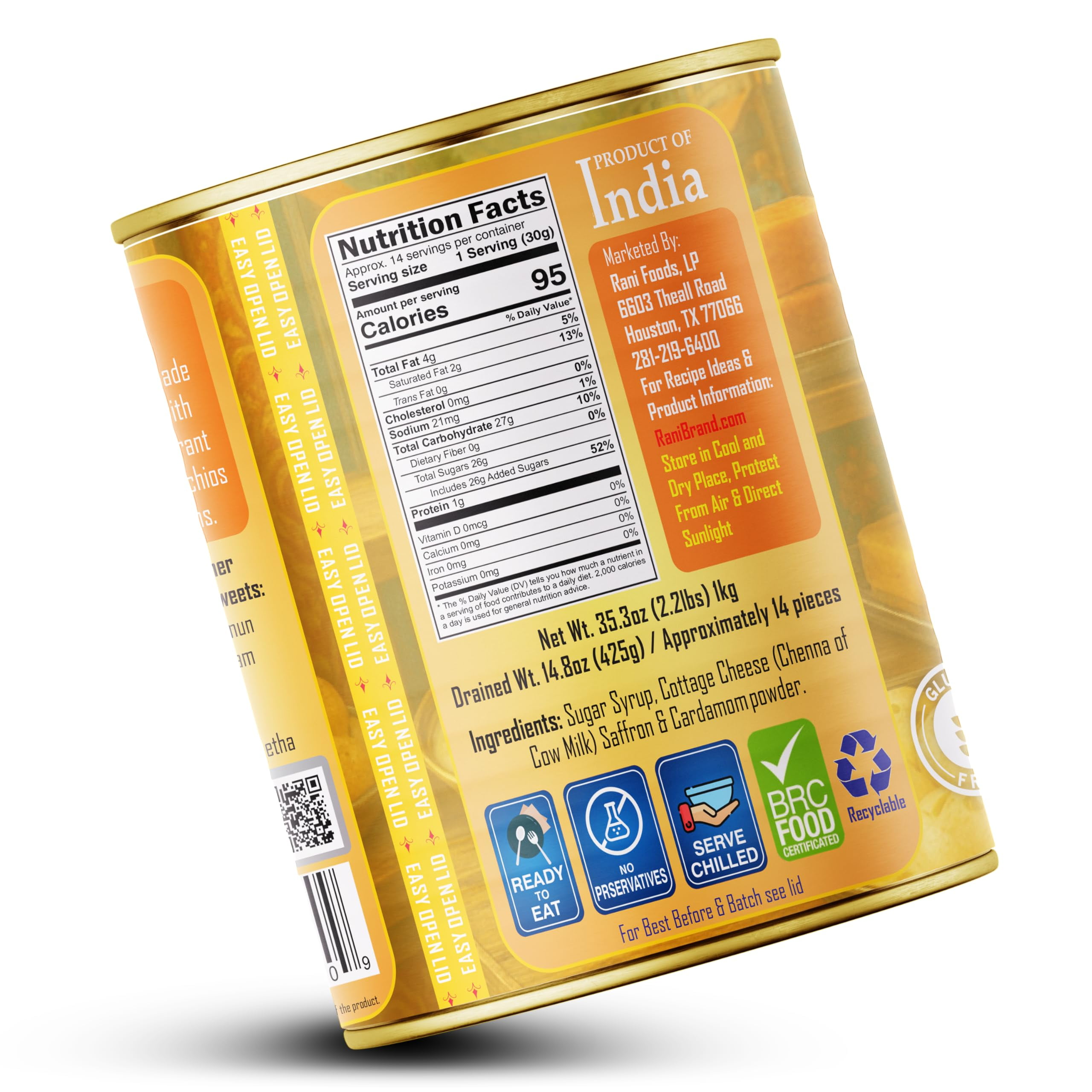 Rani Rajbhog (Soft Cottage Cheese Dumplings) 35.3oz (2.2lbs) 1kg, Pack of 2, Approximately 14 pieces, Easy Open Lid ~ Ready to eat | All Natural | Gluten Free | Non-GMO | Kosher | Indian Origin