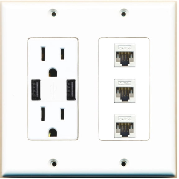 Ultra Spec Cables 3 Port Cat5e Ethernet RJ45 Wall Plate w/2 USB Charger Power Outlet