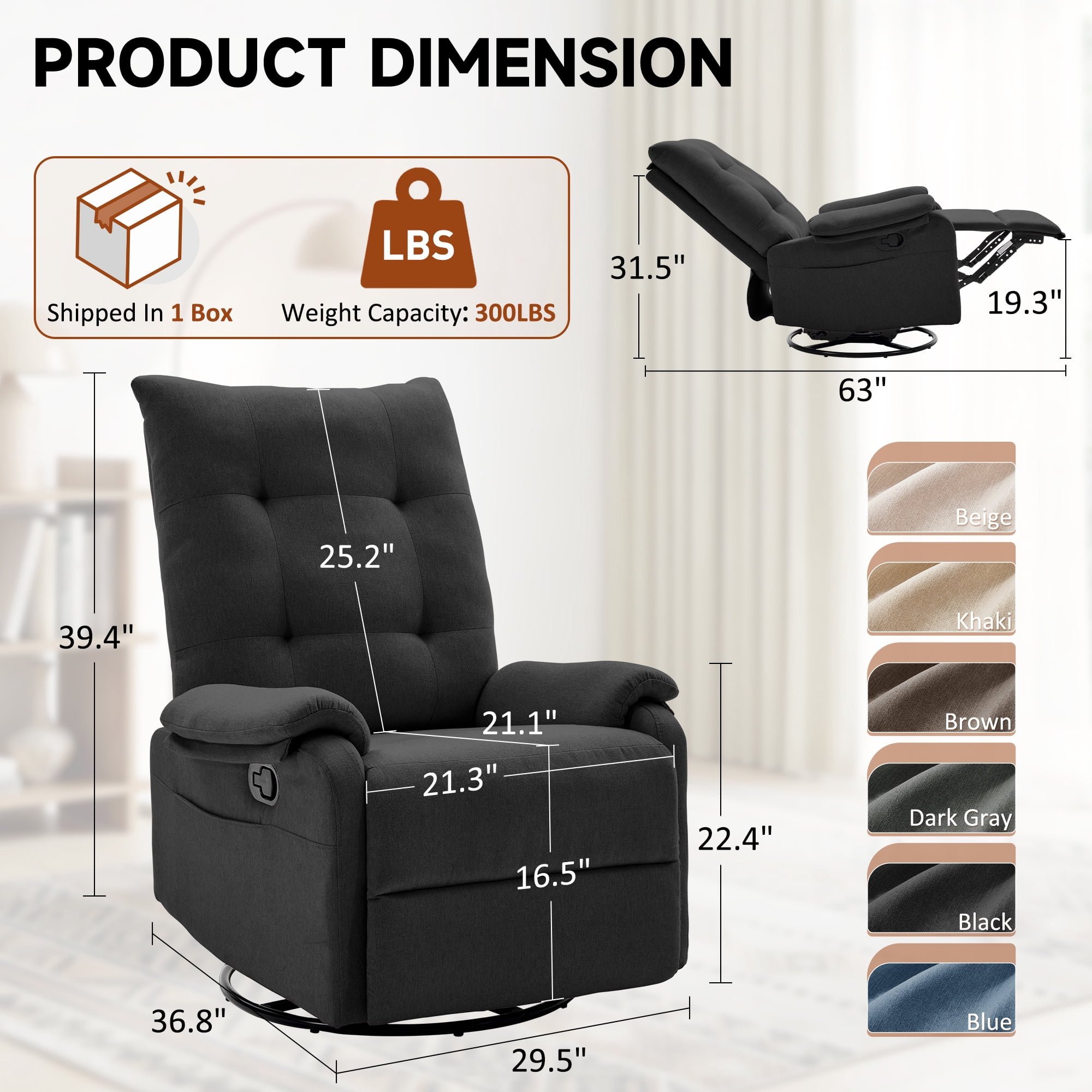 GEEYOO 360°Swivel Rocker Recliner Chair for Adults with Side Pockets,Small Recliner Chair for Small Spaces,Modern Swivel Glider Recliner for Living Room,Linen,Black