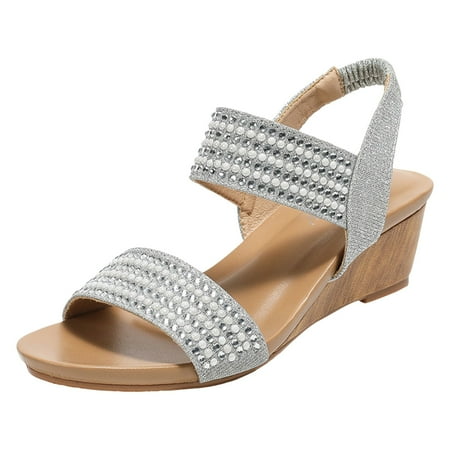 

PEASKJP Summer Sandals for Women Trendy Women s Clear Studded Pearl Gladiator Strappy Flat Sandals (Silver 9)