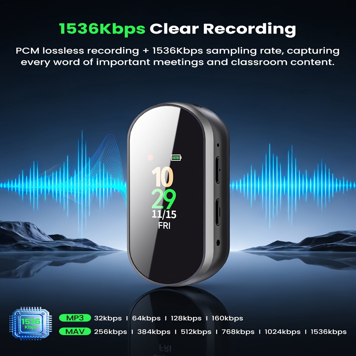 64GB 4-in-1 AI Noise Reduction Voice Recorder, 3072Kbps Hi-Fi Audio, Voice Activated Recording/Playback, Portable for Lectures Meetings Interviews, with Magnetic Case Earphones Strap USB Charging