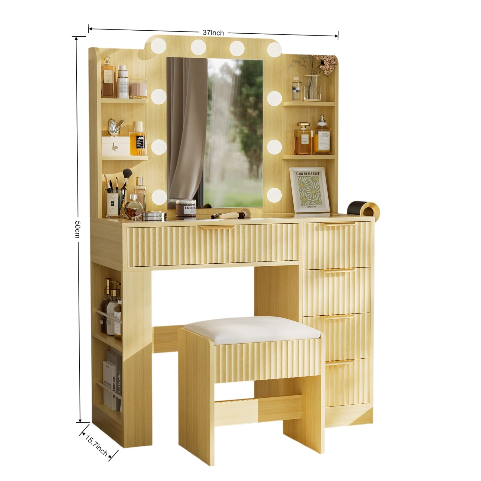 Hommoo Vanity Desk with Mirror and 3 Colors Lights, Makeup Vanity Set Dressing Table with Charging Station, Transparent Tabletop, 5 Drawers & Open Storage for Bedroom, Oak
