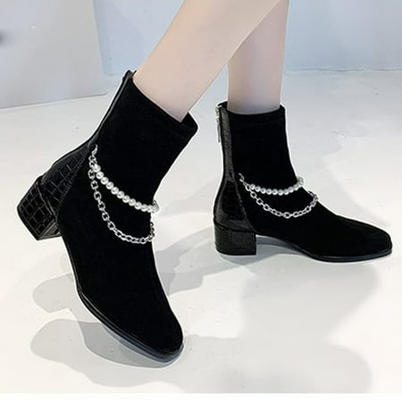 

Hvyes Boots Deals Women s Pearl Chain Socks Boots Black Mid Heel Short Boots Dressy Western Booties