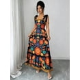 thumbnail image 6 of Black Bohemian Floral Print Tie-Shoulder Smocked Waist Maxi Dress For Summer Vacation, 6 of 8
