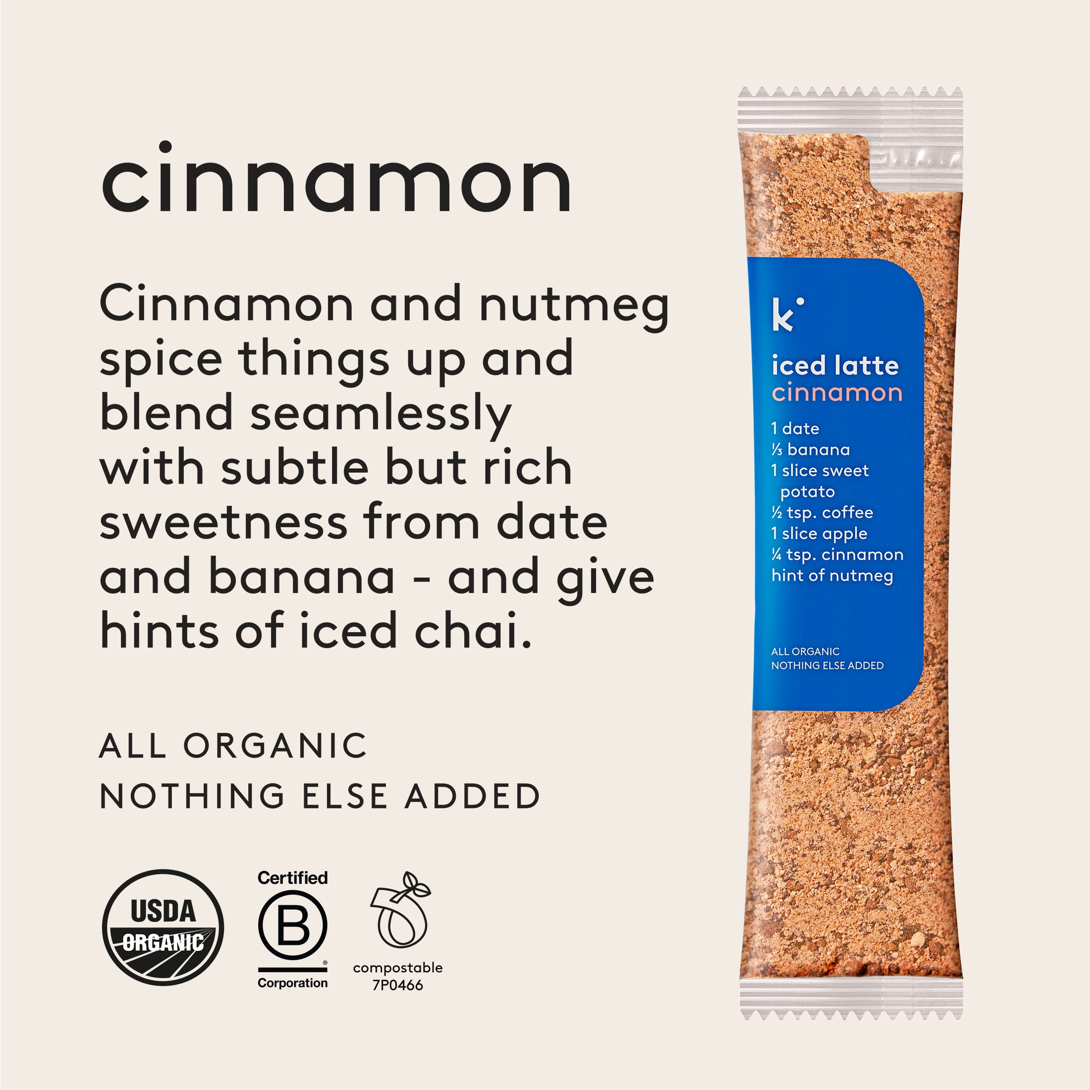 Kencko Cinnamon Organic Instant Iced Latte, Powdered Drink Mix, .79 oz, 6 Pack