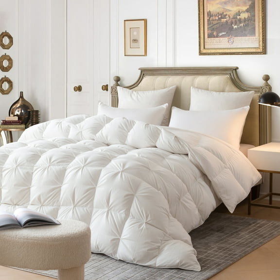 Pinch Pleat Goose Down Comforter All Season-Ultra Soft and Cozy Noiseless Duvet Insert with Egyptian Cotton Cover, Fluffy Warm Comforter