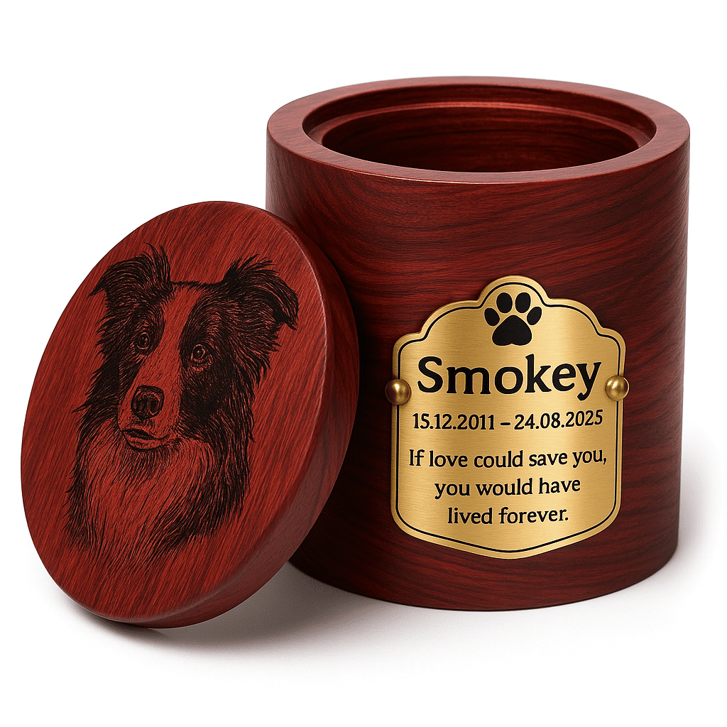 Custom Pet Portrait Engraved Wooden Urn Box for ashes, Cremation Dog Urn for Ashes