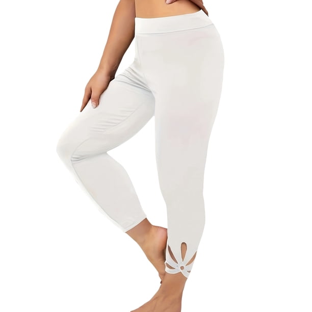 Gibobby Leggings deportivos mujer para yoga Pantalones de polainas casuales con cintura elástica hueca sólida de talla grande para mujer Característ(Blanco,G)