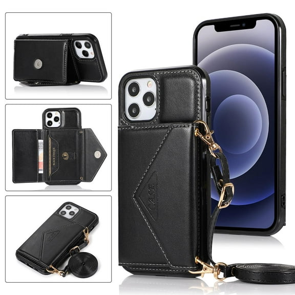 PU Leather Crossbody Phone Case for iPhone 15 with Removable Shoulder Strap and Card Holder Wallet