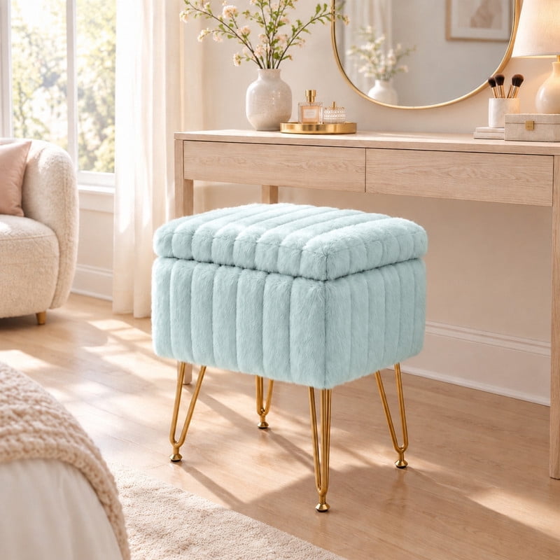 BEAUTYPEAK Vanity Stool with Storage Faux Fur Padded Makeup Ottoman with Gold Metal Legs and Adjustable Feet 18.9" Footstool, Mint