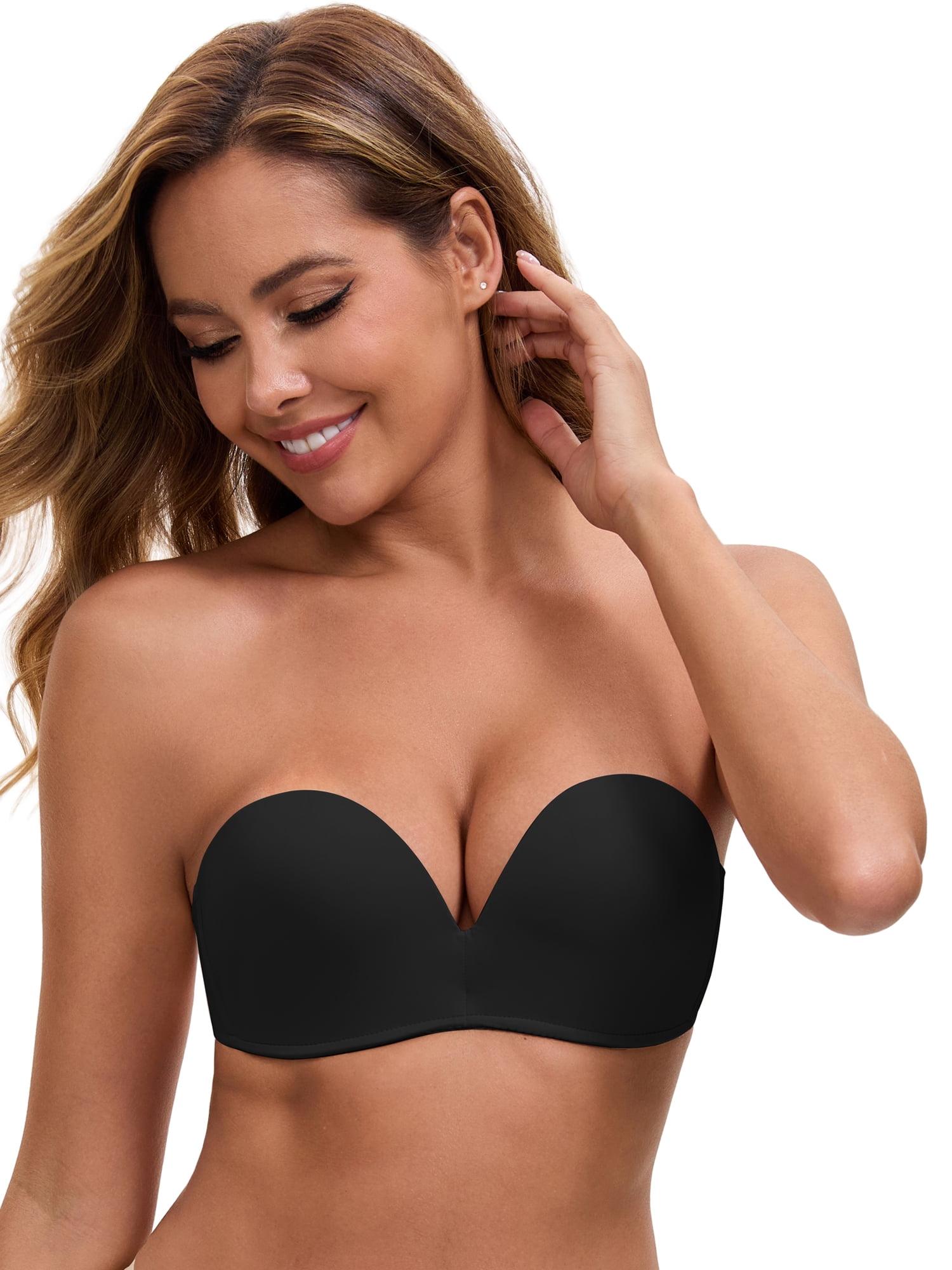 DARING DIVA Women's Deep V Strapless Wireless Demi Bandeau Top Push-Up Bra 34B Black