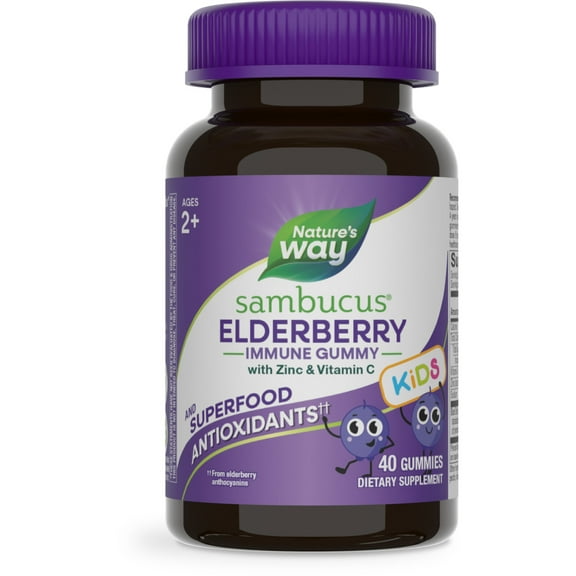 Nature's Way Sambucus Immune Gummies for Kids, with Elderberry Extract, Vitamin C and Zinc, 40 Count
