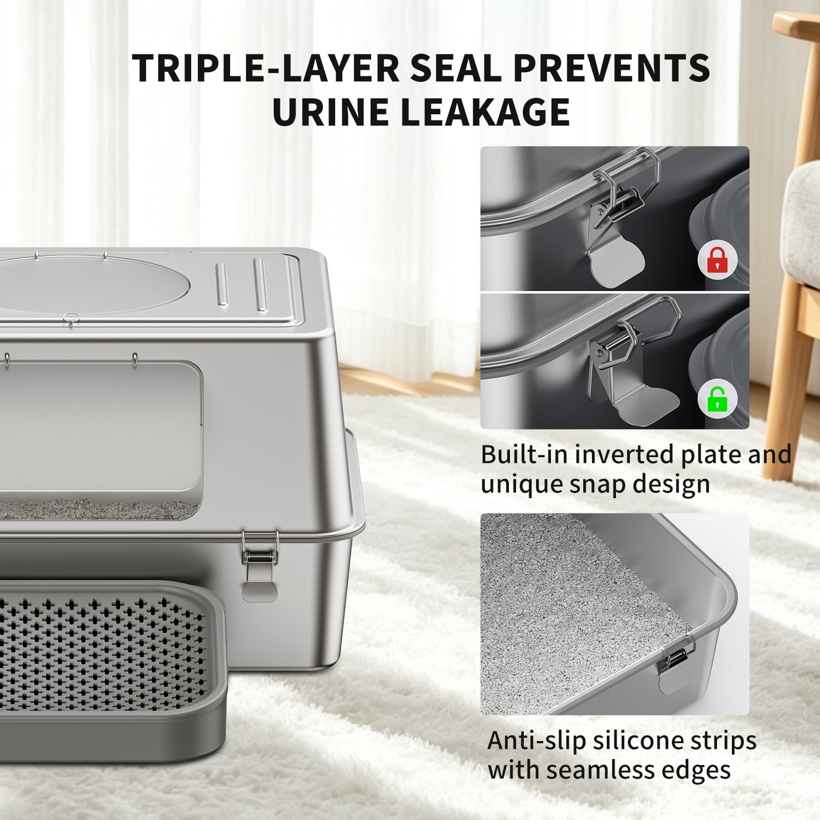 Stainless Steel Litter Box with Lid, Fully Enclosed Metal Cat Litter Box, Leak-Proof, Clumping Litter for Large, Multi-Cats