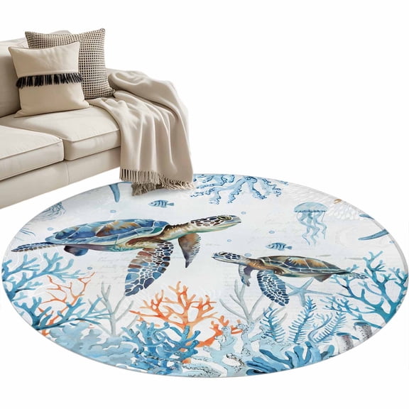 Ocean Turtle Round Area Rug 4 FT, Non Slip Indoor Outdoor Rug, Blue Coastal Coral Starfish Seagrass Washable Soft Circular Carpet Non-Shedding Floor Mat for Coffee Table Nursery Foyer Balcony