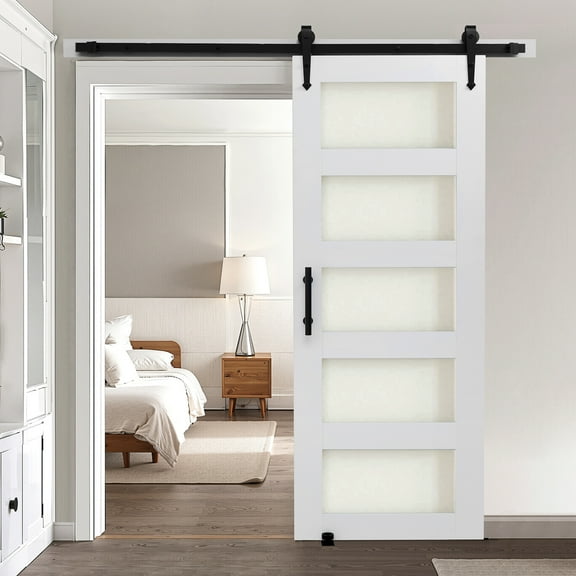 VEVOR Sliding Barn Door, 30 x 84 inch, High-Strength MDF Panel and Glass, Barn Door with Hardware Kit, Water-Proof PVC Surface, Easy to Install, H-Frame, Smoothly and Quietly Sliding for Living Room