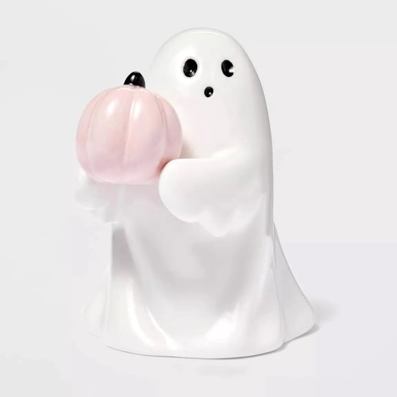 3.15" Halloween Ghost Figurine with Pink Pumpkin, White Ceramic Ghost Statue, Cute Spooky Decor for Shelf, Desk, Party