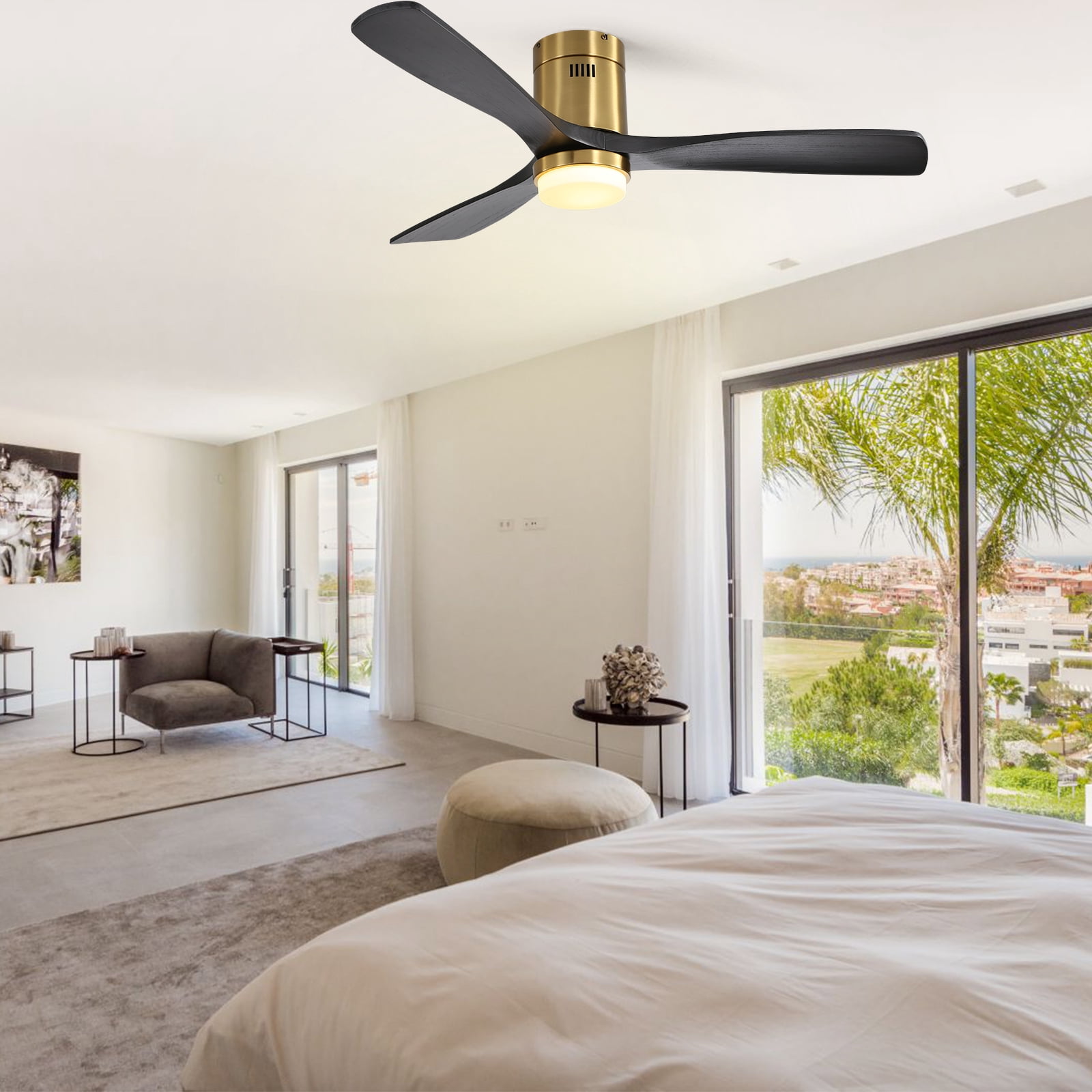 Sofucor 52" Modern Ceiling Fan with Dimmable LED Light, Matte Black Wood Blades, Remote Control
