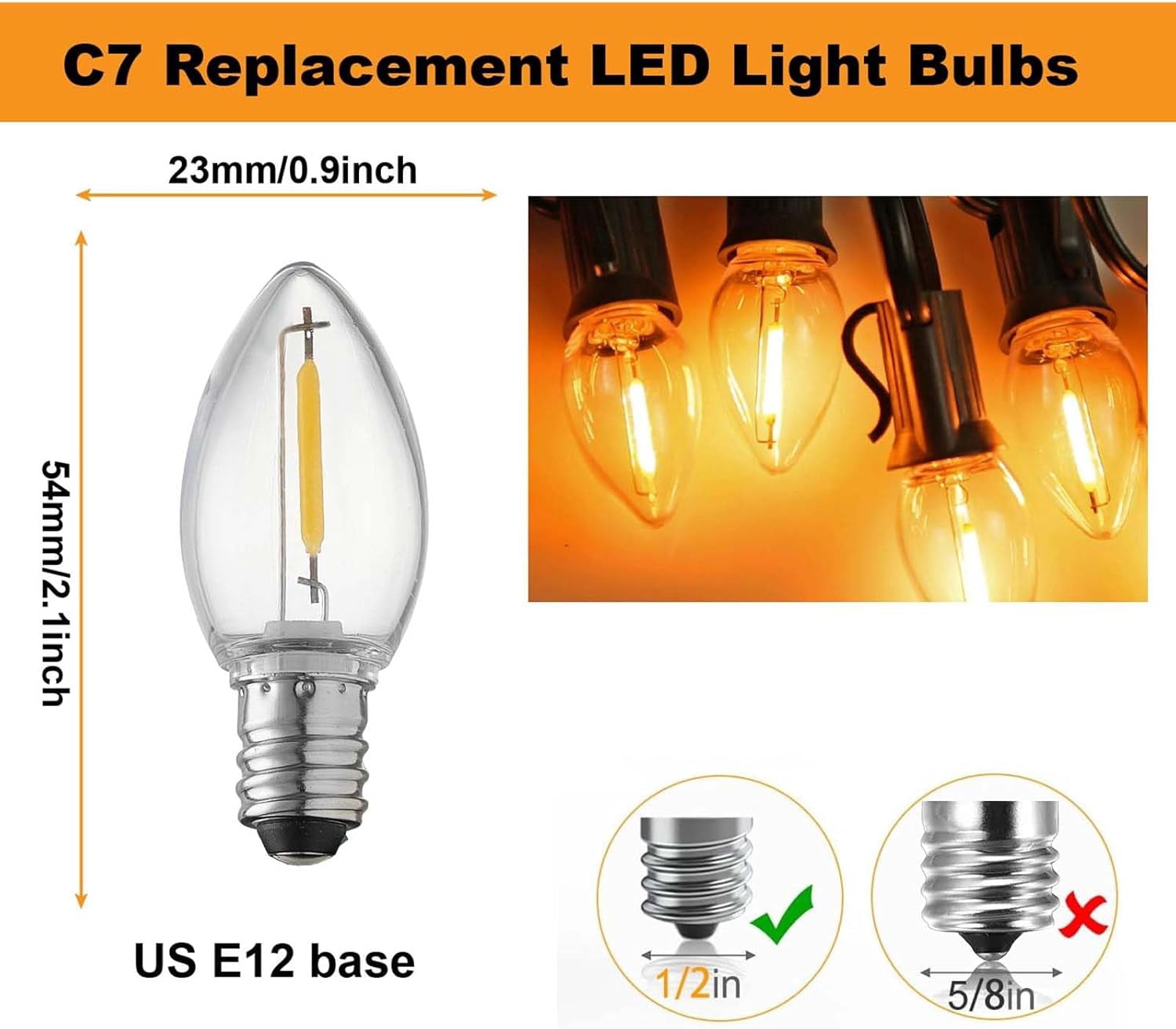 UKLL-25 Pack C7 LED Replacement Light Bulb,Shatterproof,Waterproof,Plastic Led Bulbs for Christmas Indoor Outdoor String Lights,E12 Base Warm White